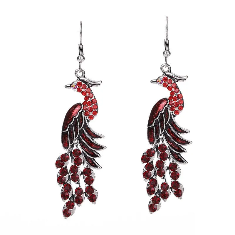 Wholesale Chinese Style Diamond Studded Texture Peacock Retro Earrings