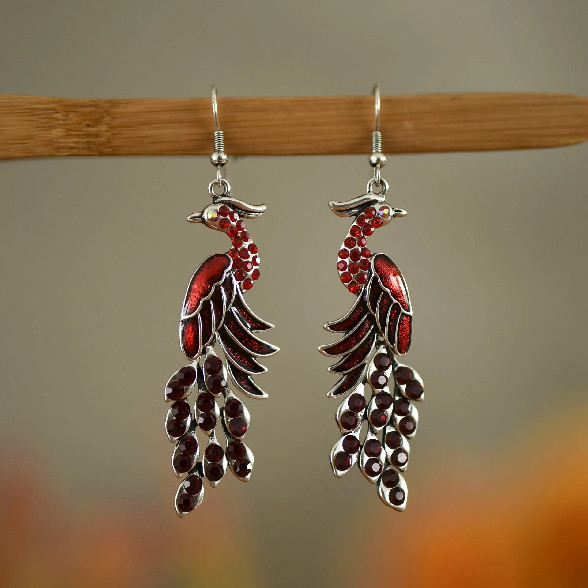 Wholesale Chinese Style Diamond Studded Texture Peacock Retro Earrings