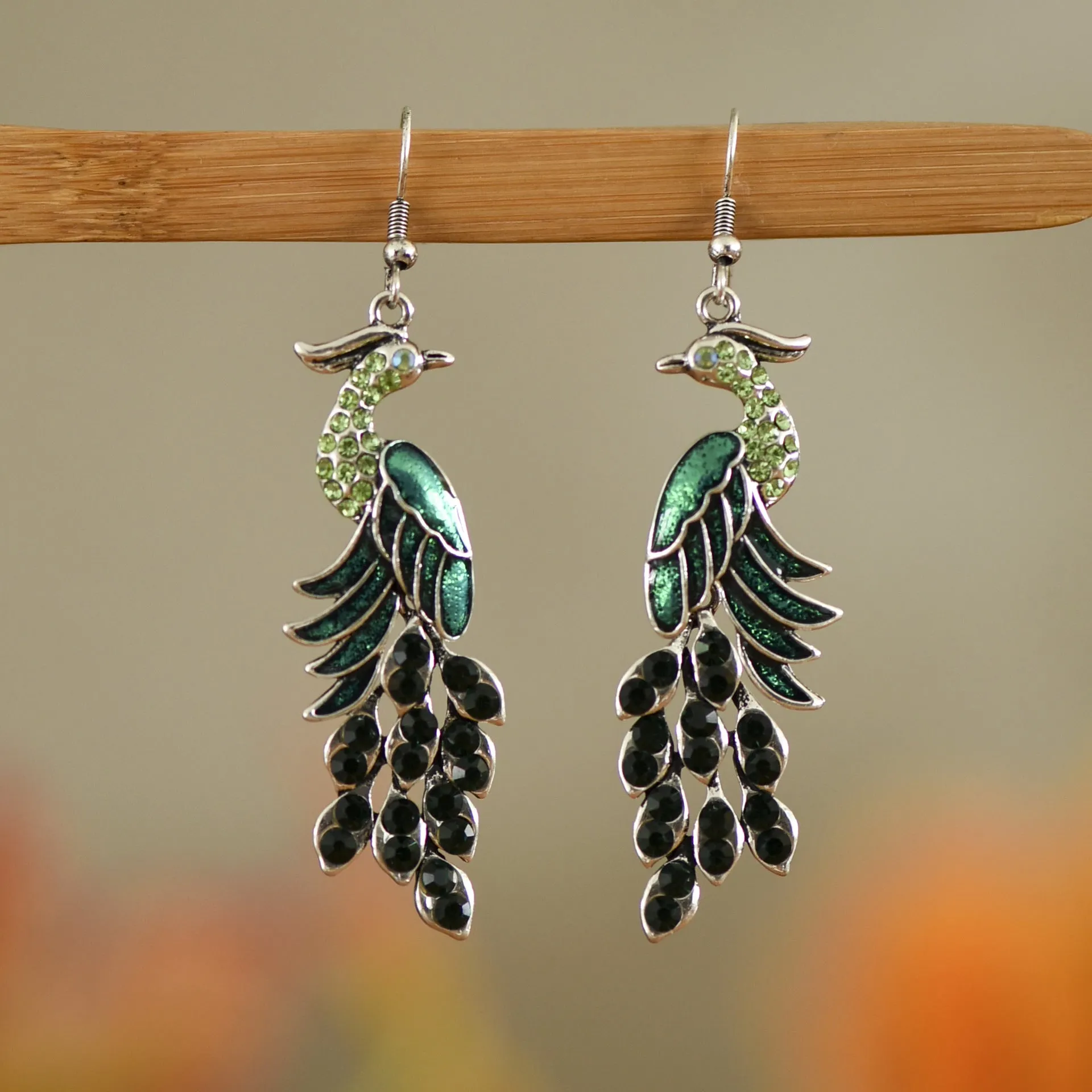 Wholesale Chinese Style Diamond Studded Texture Peacock Retro Earrings