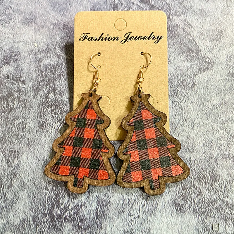 Wholesale Christmas Black and Red Plaid Christmas Tree Wooden Earrings