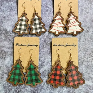 Wholesale Christmas Black and Red Plaid Christmas Tree Wooden Earrings