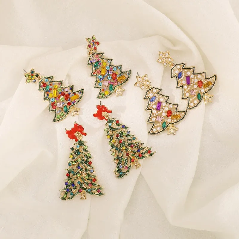 Wholesale Christmas Colored Diamond Pearl Christmas Tree Star Earrings