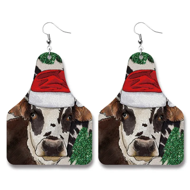 Wholesale Christmas Cow Sheep Animal Western Style Sunflower Retro PU Leather Earrings