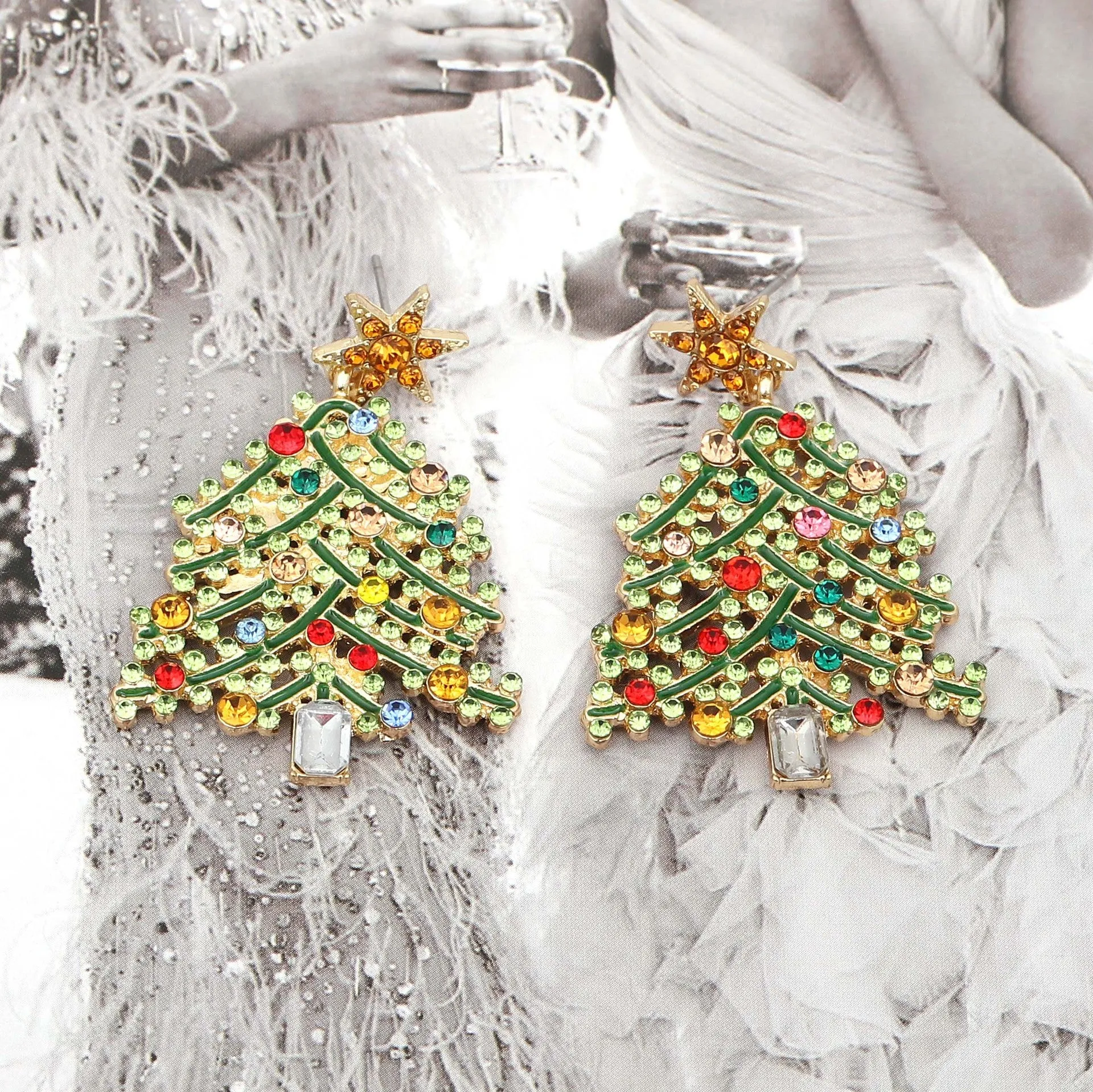 Wholesale Christmas Hollow Christmas Tree Alloy Style Diamond Earrings