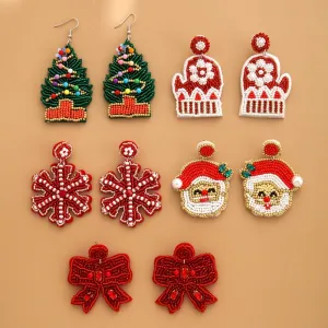 Wholesale Christmas Rice Beads Handmade Christmas Tree Old Man Snowflake Felt Earrings