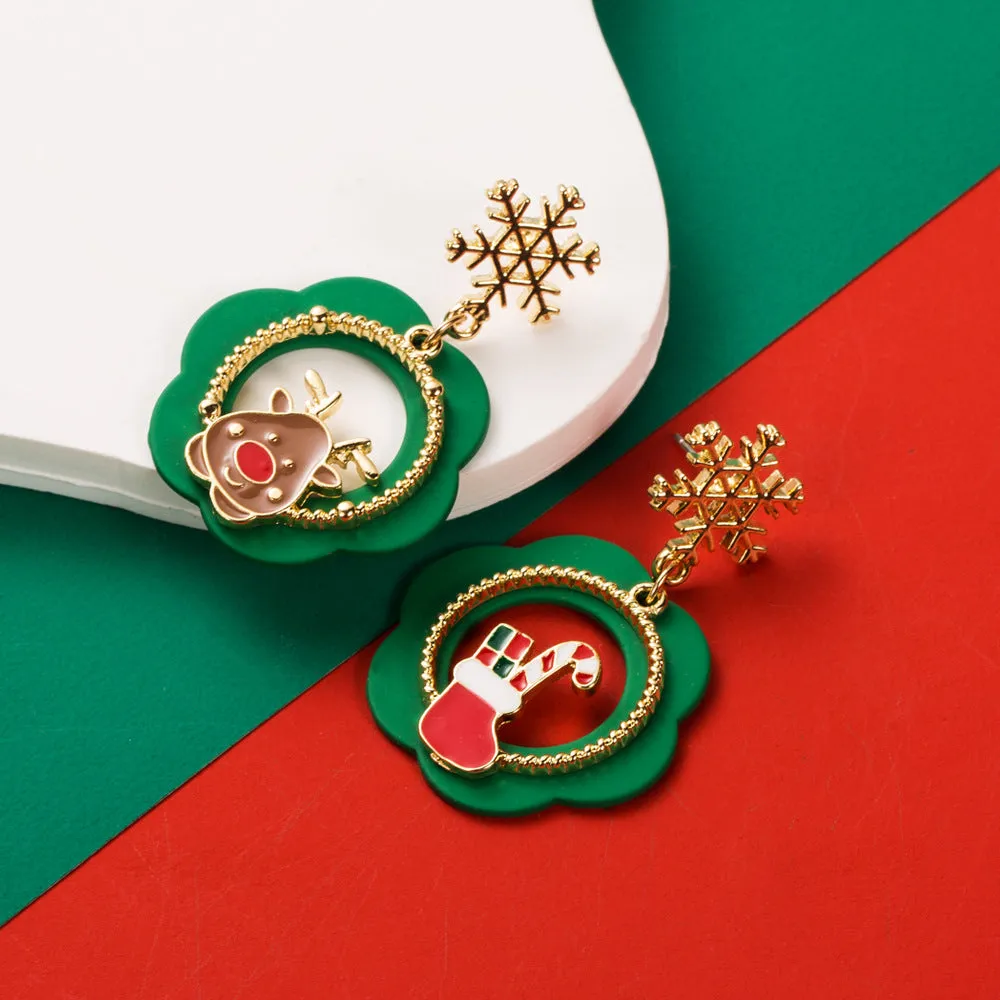 Wholesale Christmas Series Fashion Oil Dripping Elk Snowflake Candy Earrings