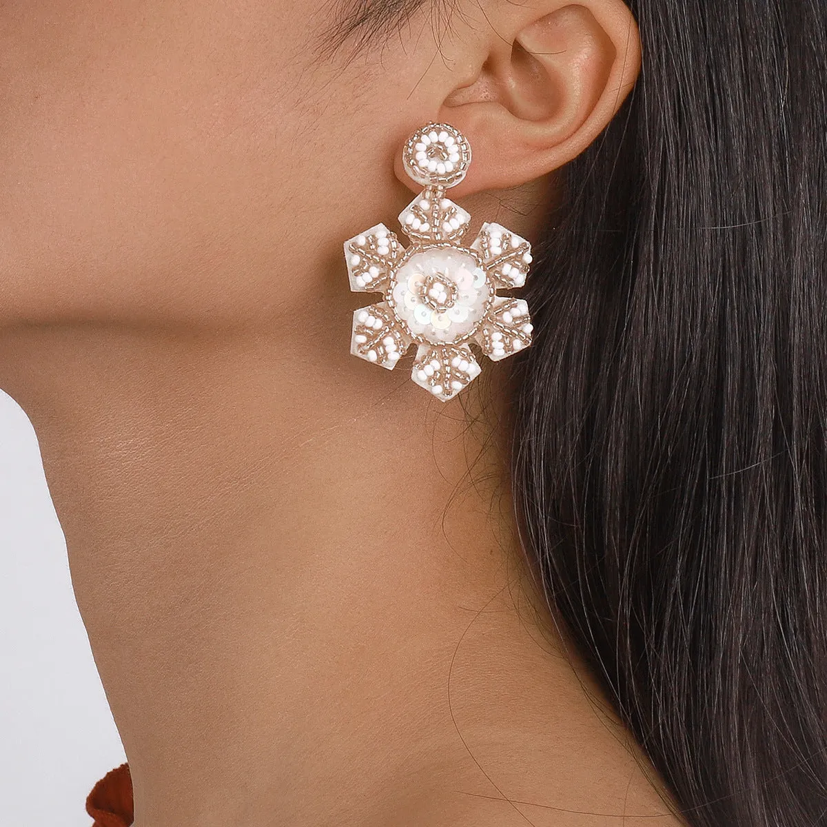 Wholesale Christmas Snowflake Beaded Sequin Handmade Earrings