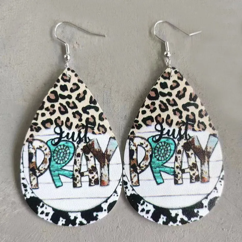Wholesale Christmas Teardrop Leather Vintage Western Leopard Print Sunflower Cactus Deer Earrings