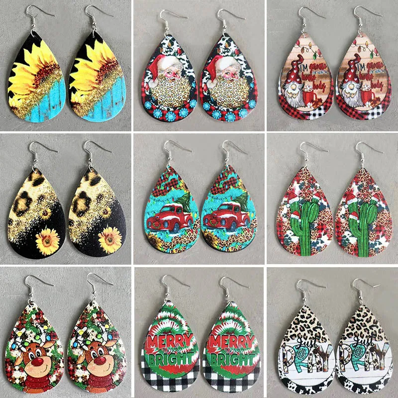 Wholesale Christmas Teardrop Leather Vintage Western Leopard Print Sunflower Cactus Deer Earrings