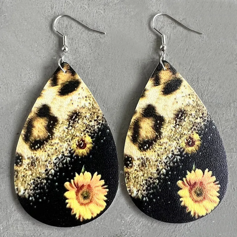 Wholesale Christmas Teardrop Leather Vintage Western Leopard Print Sunflower Cactus Deer Earrings