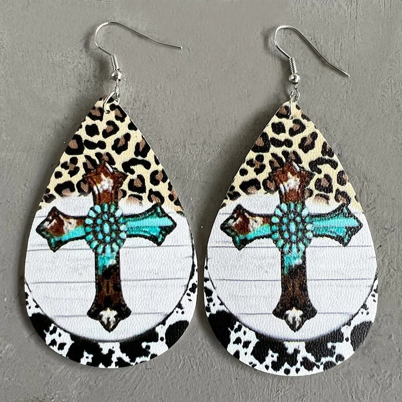Wholesale Christmas Teardrop Leather Vintage Western Leopard Print Sunflower Cactus Deer Earrings
