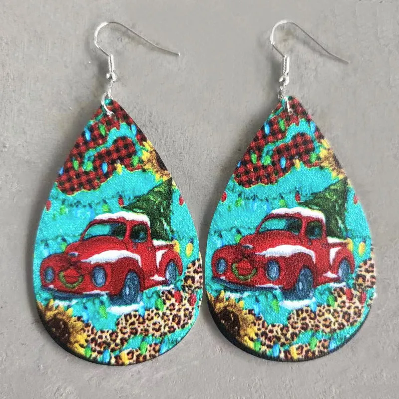 Wholesale Christmas Teardrop Leather Vintage Western Leopard Print Sunflower Cactus Deer Earrings