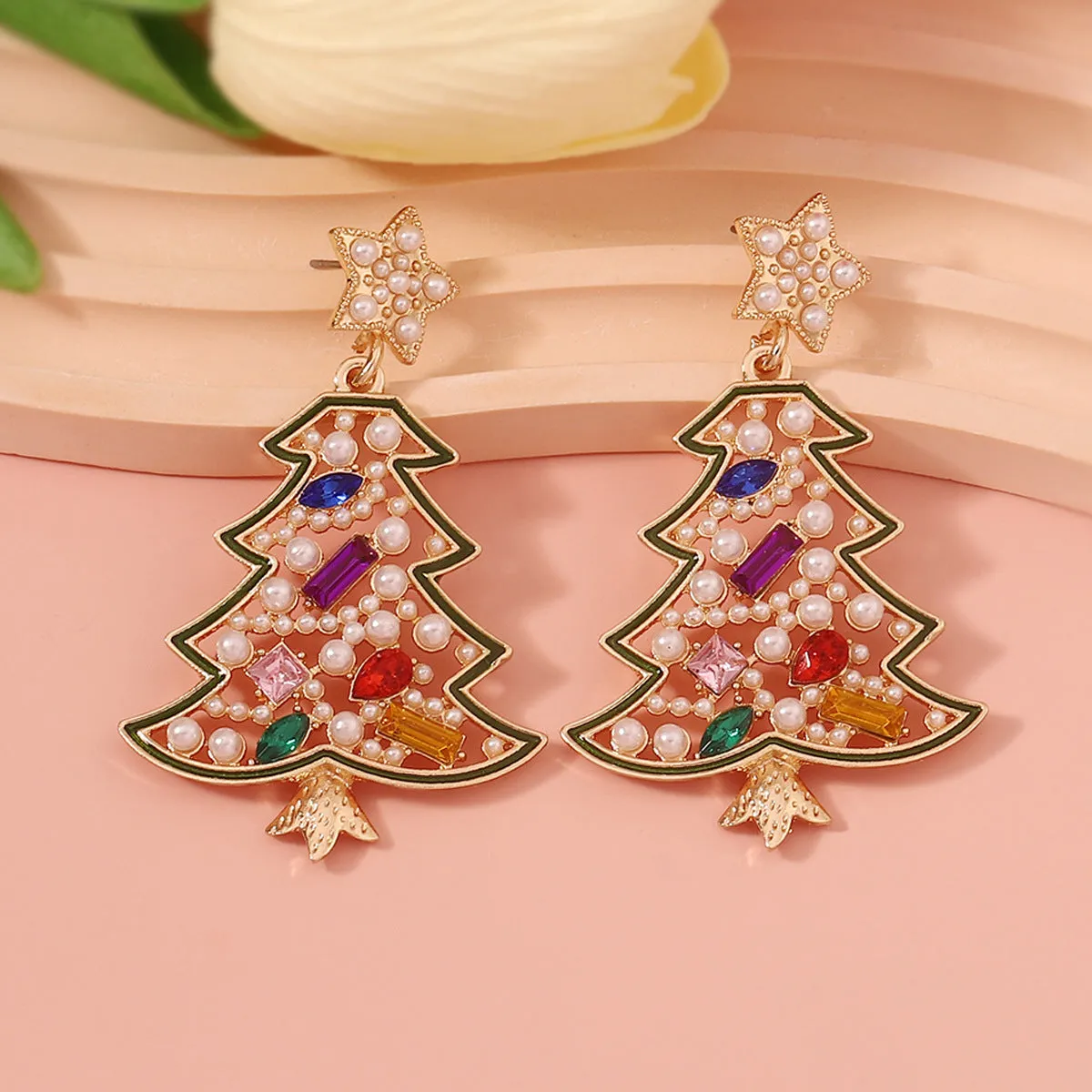 Wholesale Christmas Zinc Alloy Christmas Tree Hollow Inlaid Color Diamond Pearl Earrings