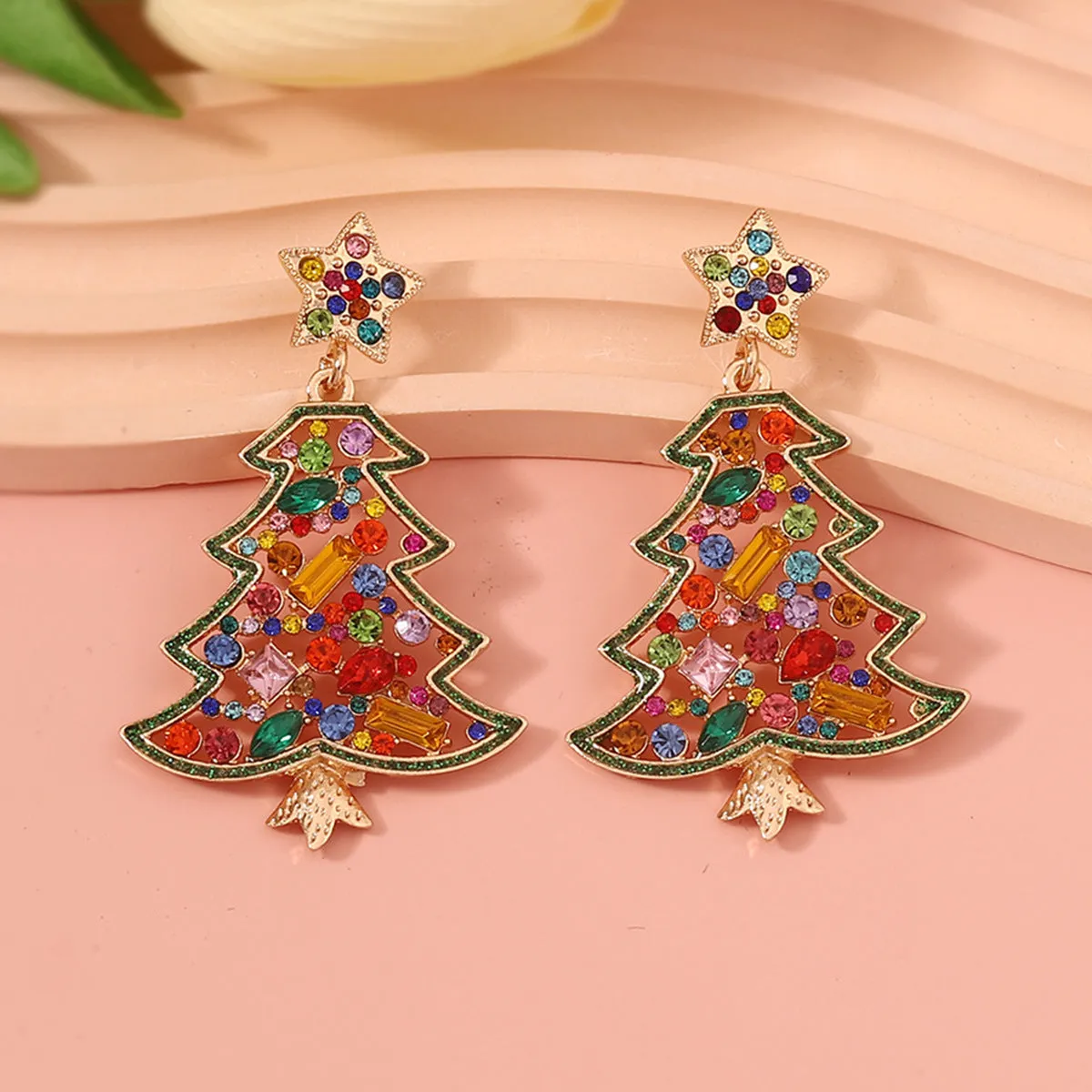 Wholesale Christmas Zinc Alloy Christmas Tree Hollow Inlaid Color Diamond Pearl Earrings