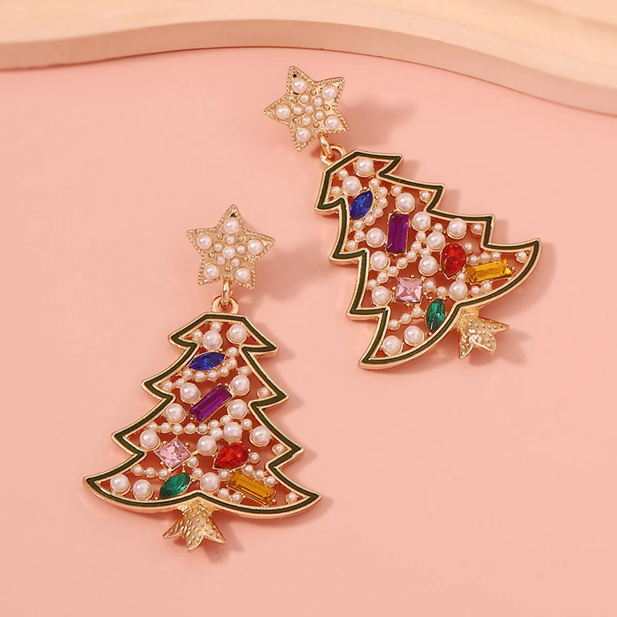 Wholesale Christmas Zinc Alloy Christmas Tree Hollow Inlaid Color Diamond Pearl Earrings
