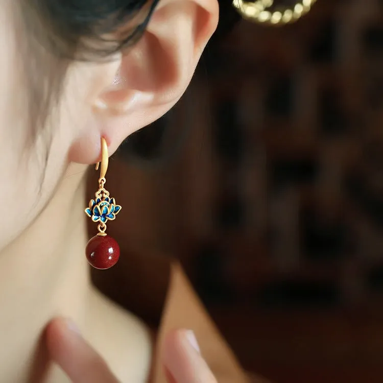 Wholesale Cinnabar Lotus New Chinese Retro Blue Enamel Earrings