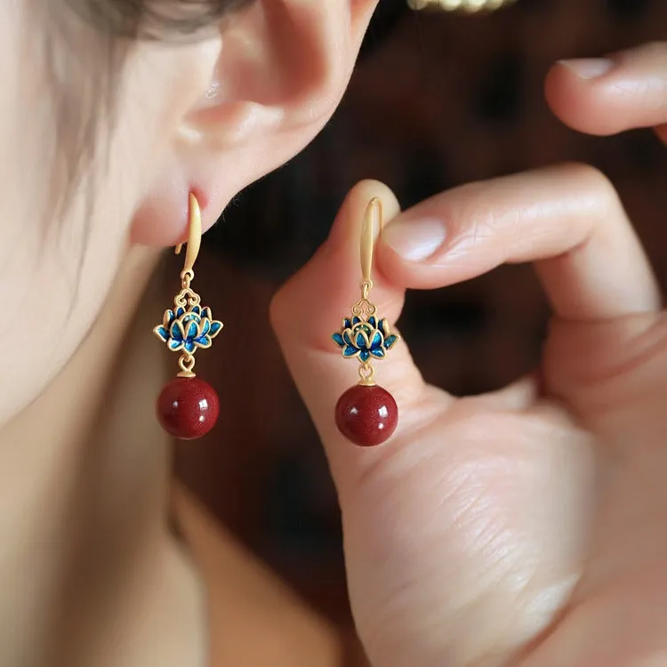 Wholesale Cinnabar Lotus New Chinese Retro Blue Enamel Earrings
