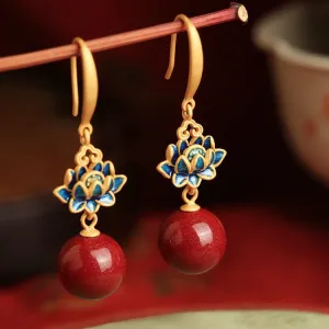 Wholesale Cinnabar Lotus New Chinese Retro Blue Enamel Earrings