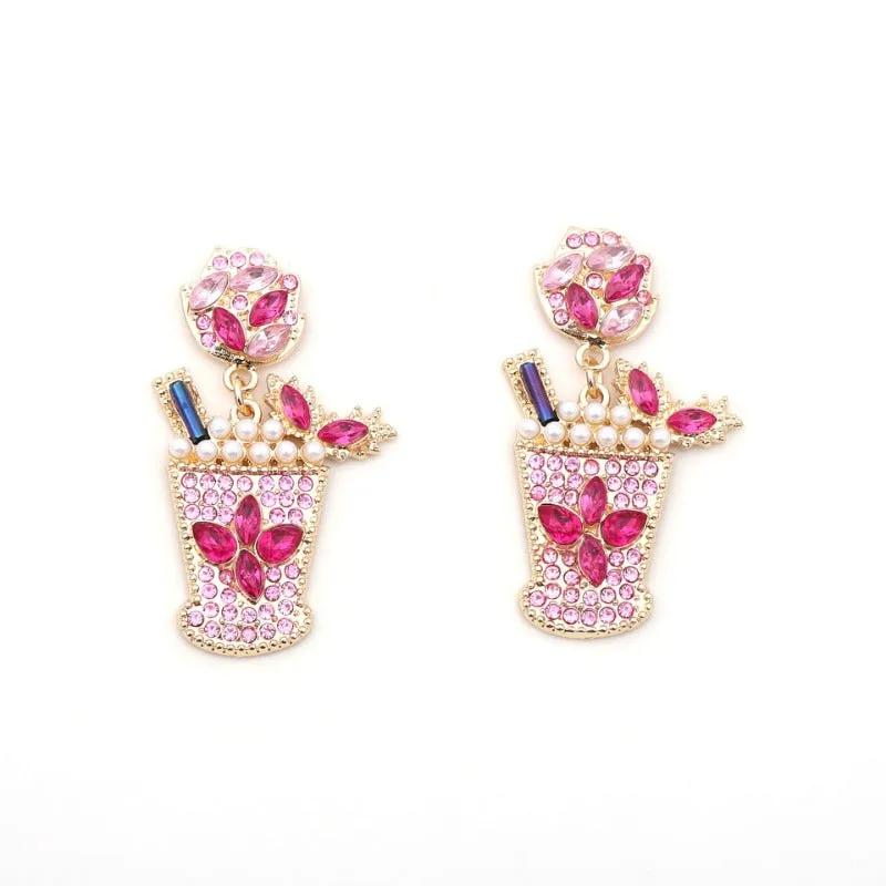 Wholesale Cold Drink Glass Shaped Pearl Studded Diamond Alloy Earrings