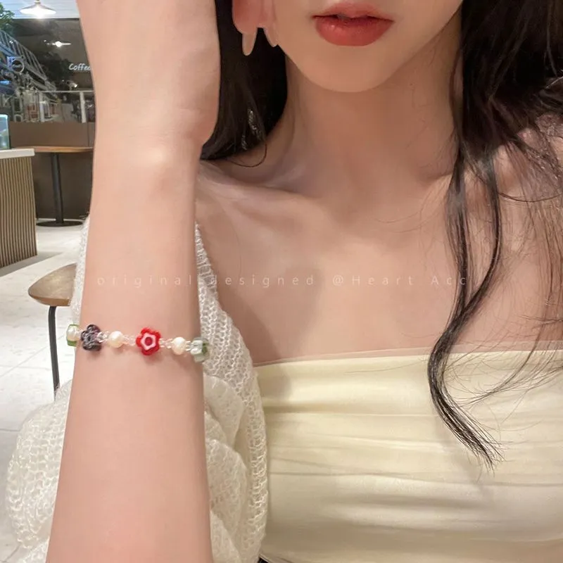 Wholesale Color Glass Flower Freshwater Pearl Bracelet