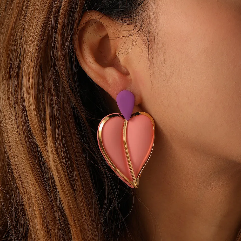 Wholesale Color Spray Paint Love Drop Double Layer Metal Earrings
