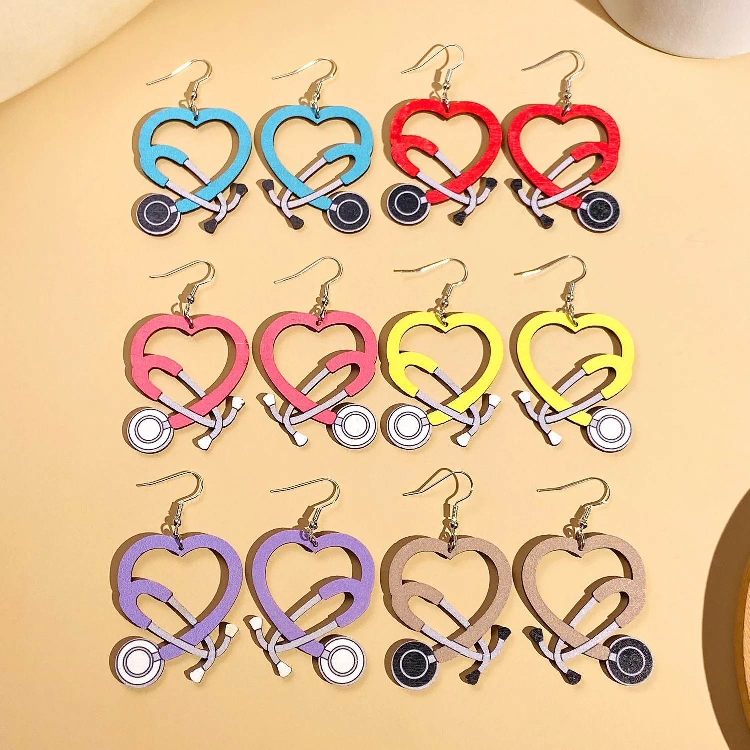 Wholesale Color Stethoscope Shaped Wooden Heart Earrings