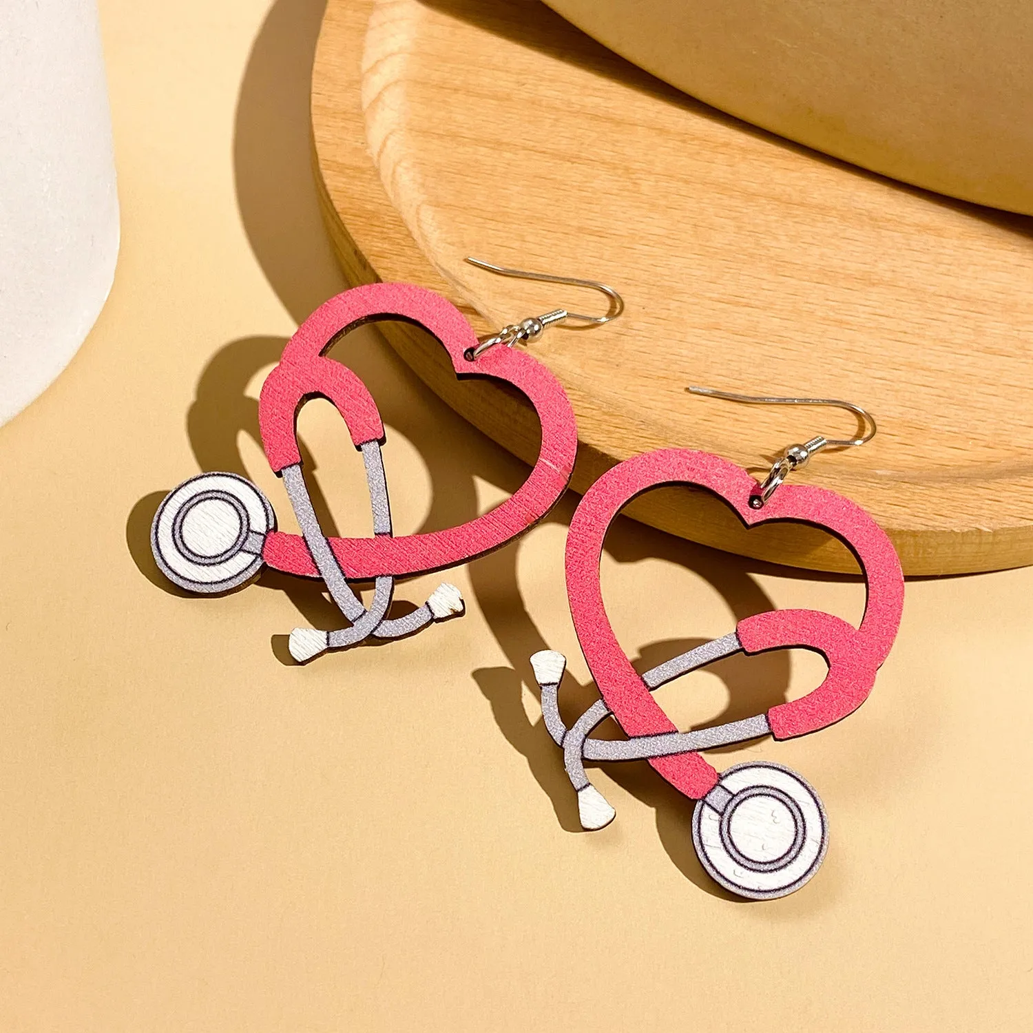 Wholesale Color Stethoscope Shaped Wooden Heart Earrings