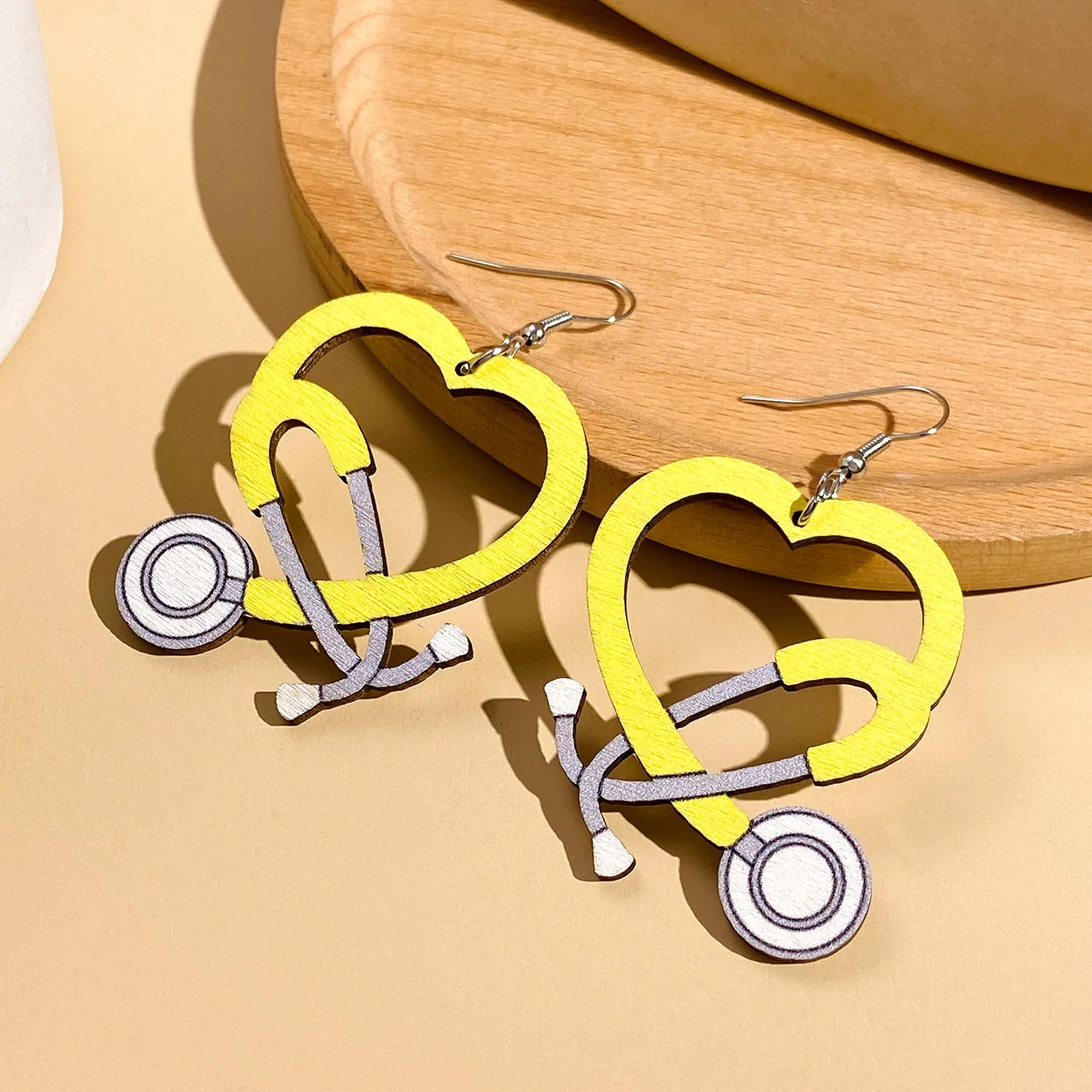 Wholesale Color Stethoscope Shaped Wooden Heart Earrings