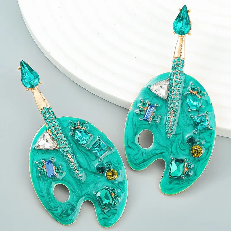 Wholesale Colored Diamond Alloy Drip Oil Inlaid Diamond Cartoon Palette Earrings