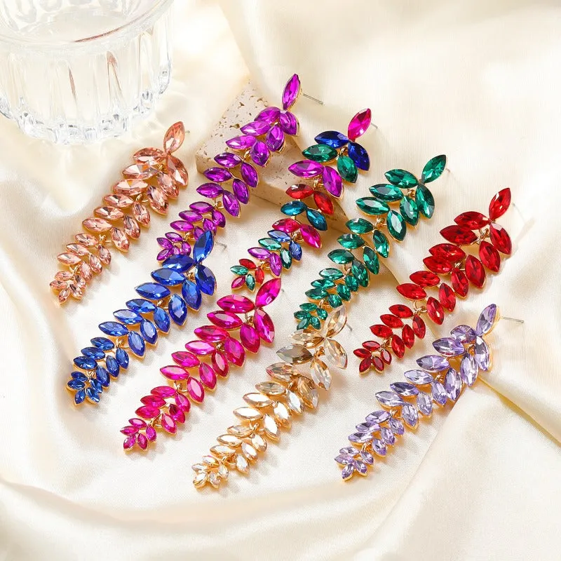 Wholesale Colored Diamond Full Diamond Long Leaf Earrings