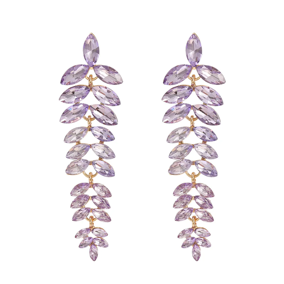 Wholesale Colored Diamond Full Diamond Long Leaf Earrings