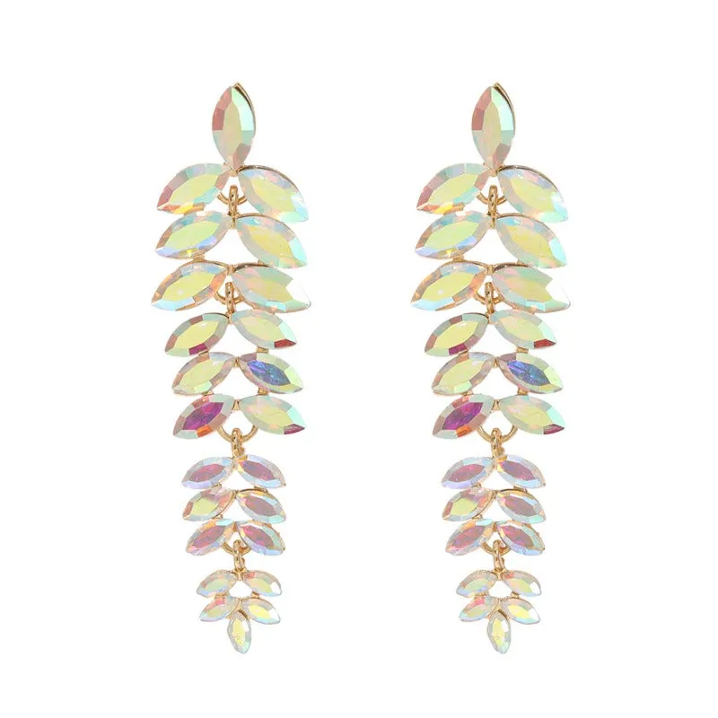 Wholesale Colored Diamond Full Diamond Long Leaf Earrings