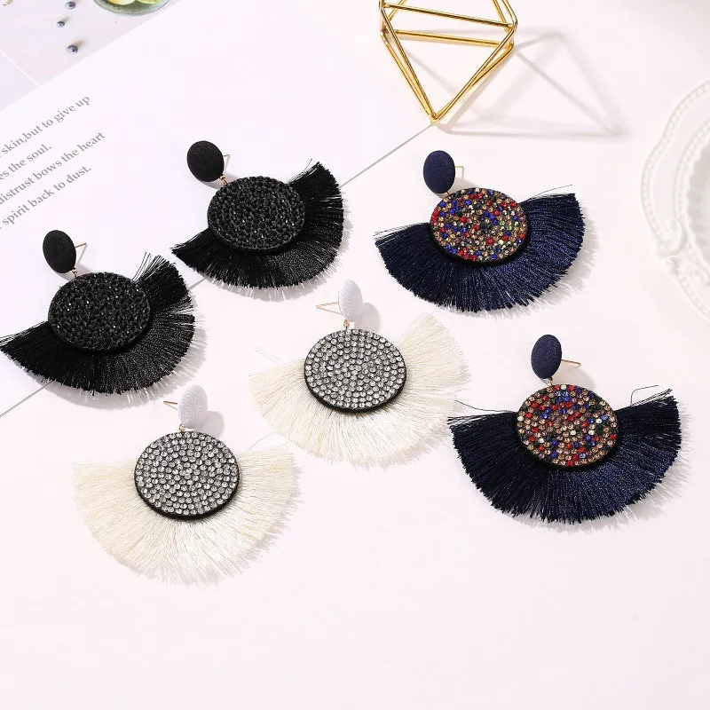 Wholesale Colored Diamond Scalloped Tassel Bohemian Exaggerated Earrings