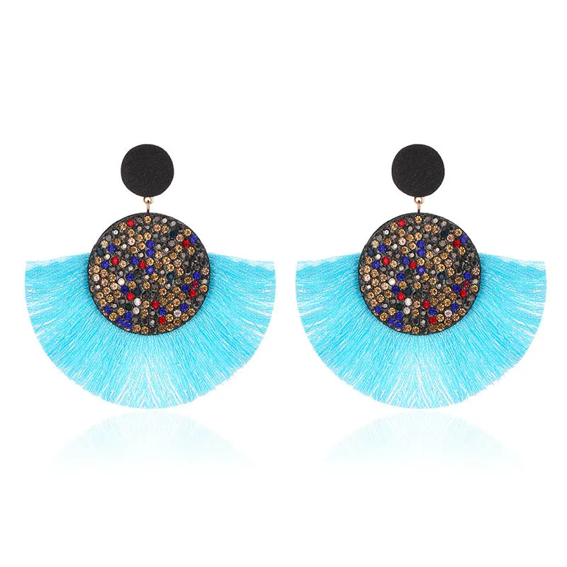 Wholesale Colored Diamond Scalloped Tassel Bohemian Exaggerated Earrings