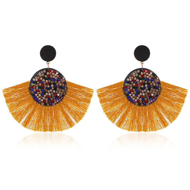 Wholesale Colored Diamond Scalloped Tassel Bohemian Exaggerated Earrings