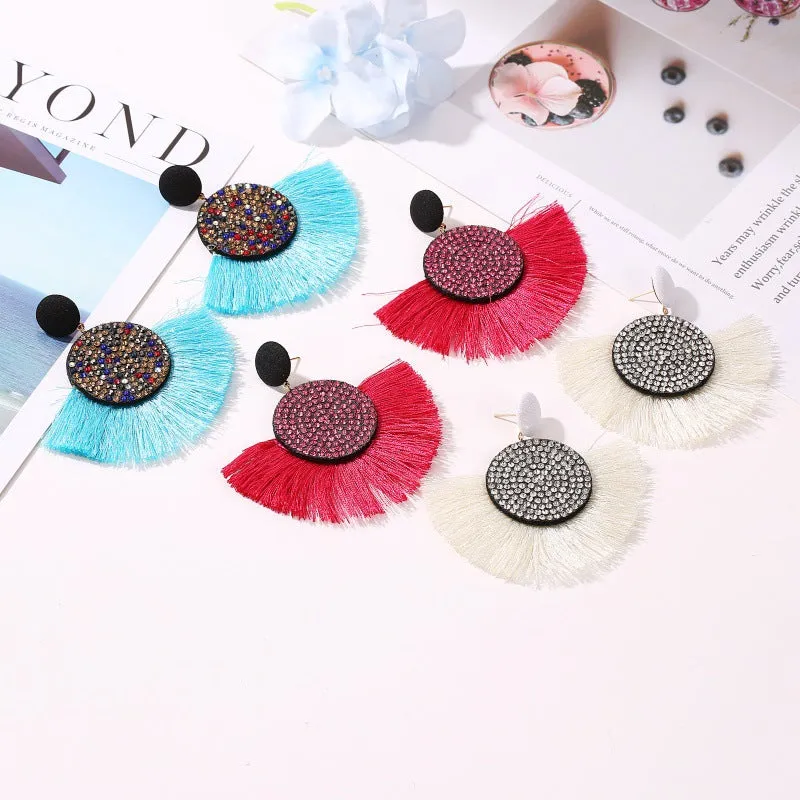 Wholesale Colored Diamond Scalloped Tassel Bohemian Exaggerated Earrings