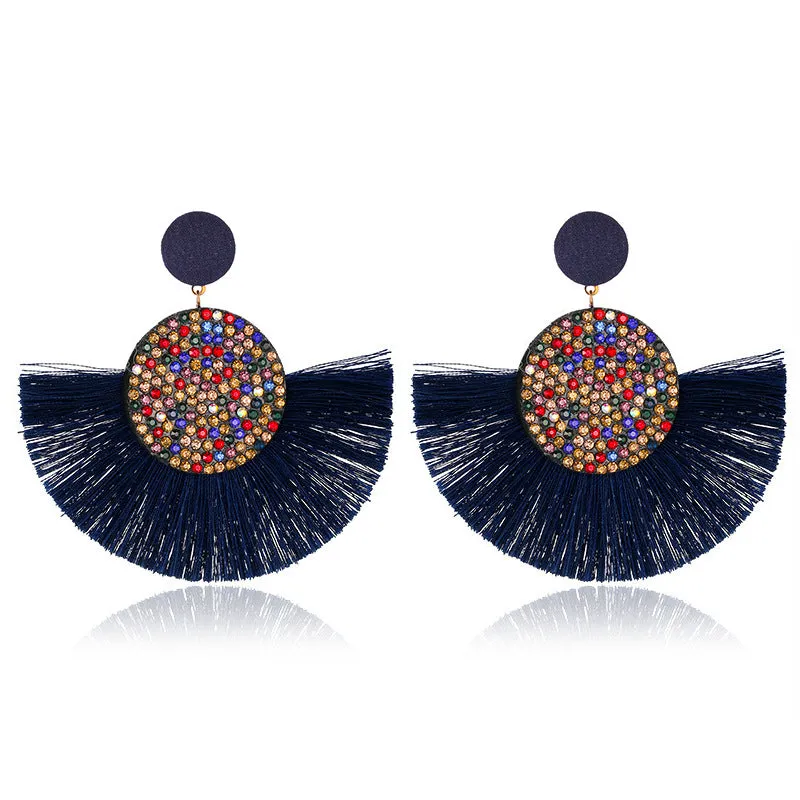 Wholesale Colored Diamond Scalloped Tassel Bohemian Exaggerated Earrings