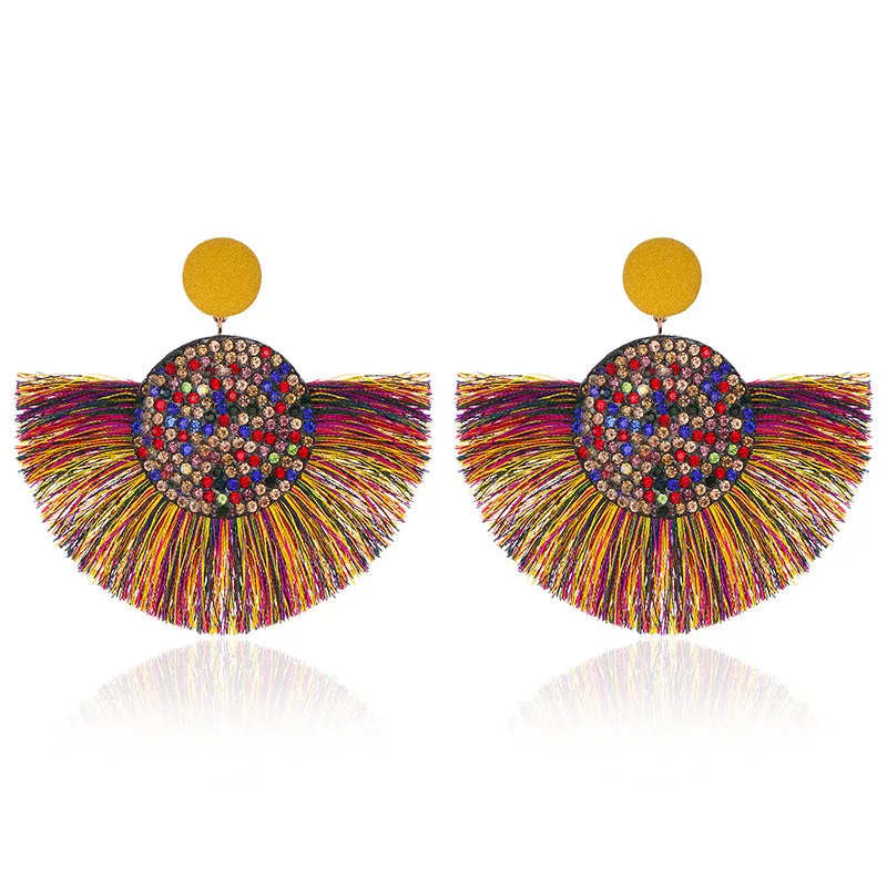 Wholesale Colored Diamond Scalloped Tassel Bohemian Exaggerated Earrings