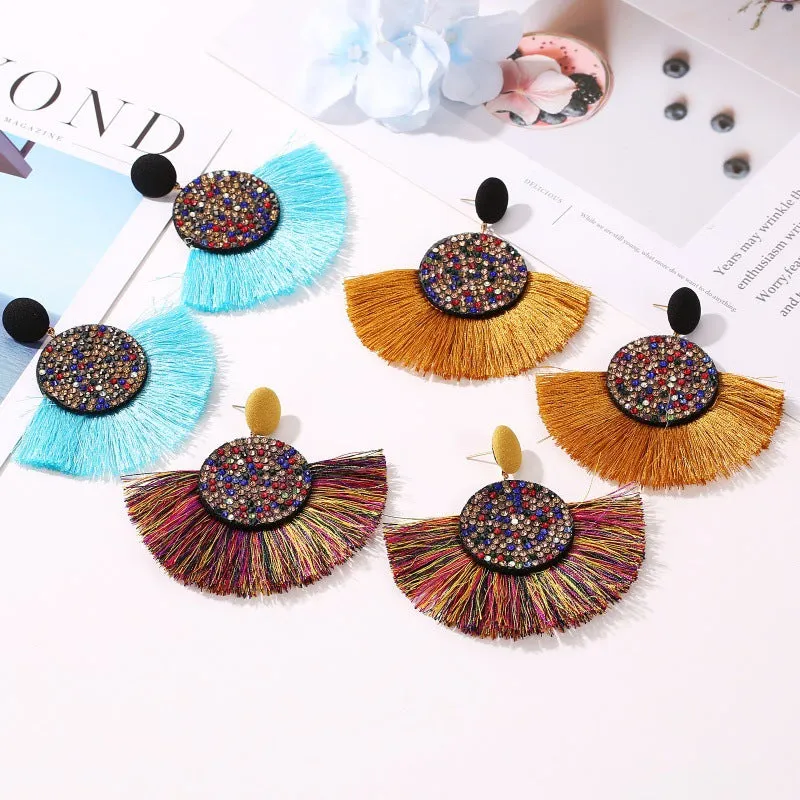 Wholesale Colored Diamond Scalloped Tassel Bohemian Exaggerated Earrings