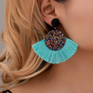 Wholesale Colored Diamond Scalloped Tassel Bohemian Exaggerated Earrings