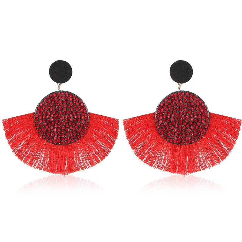 Wholesale Colored Diamond Scalloped Tassel Bohemian Exaggerated Earrings