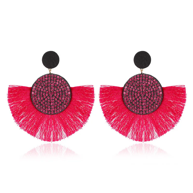 Wholesale Colored Diamond Scalloped Tassel Bohemian Exaggerated Earrings
