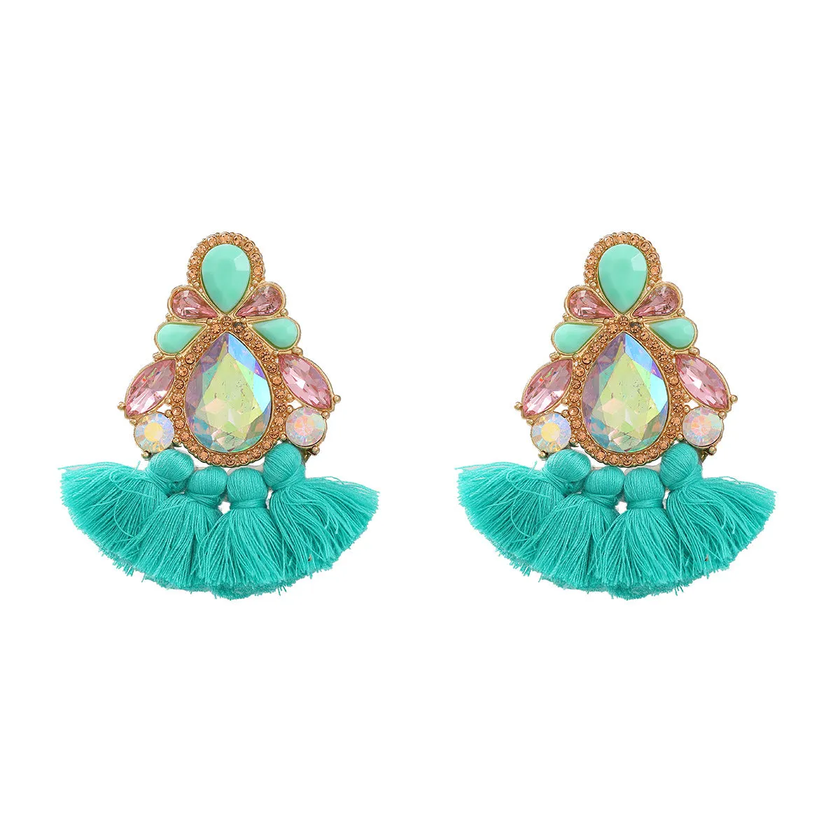 Wholesale Colored Diamond Tassel Ethnic Style Earrings