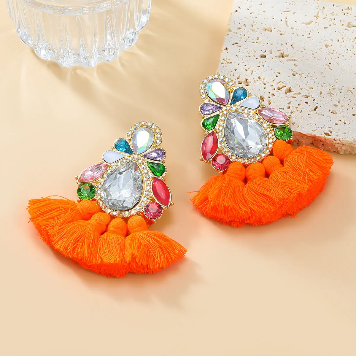 Wholesale Colored Diamond Tassel Ethnic Style Earrings