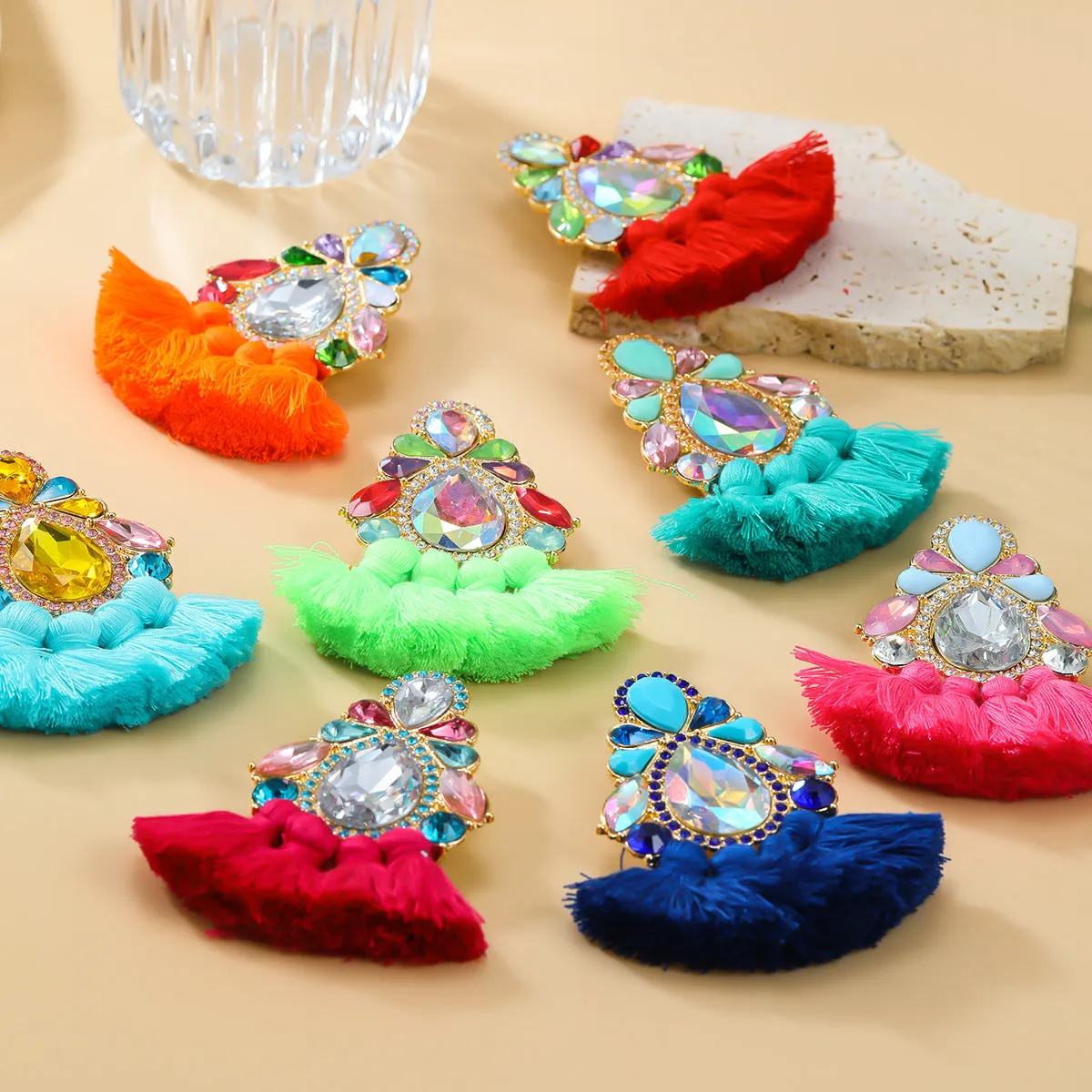 Wholesale Colored Diamond Tassel Ethnic Style Earrings