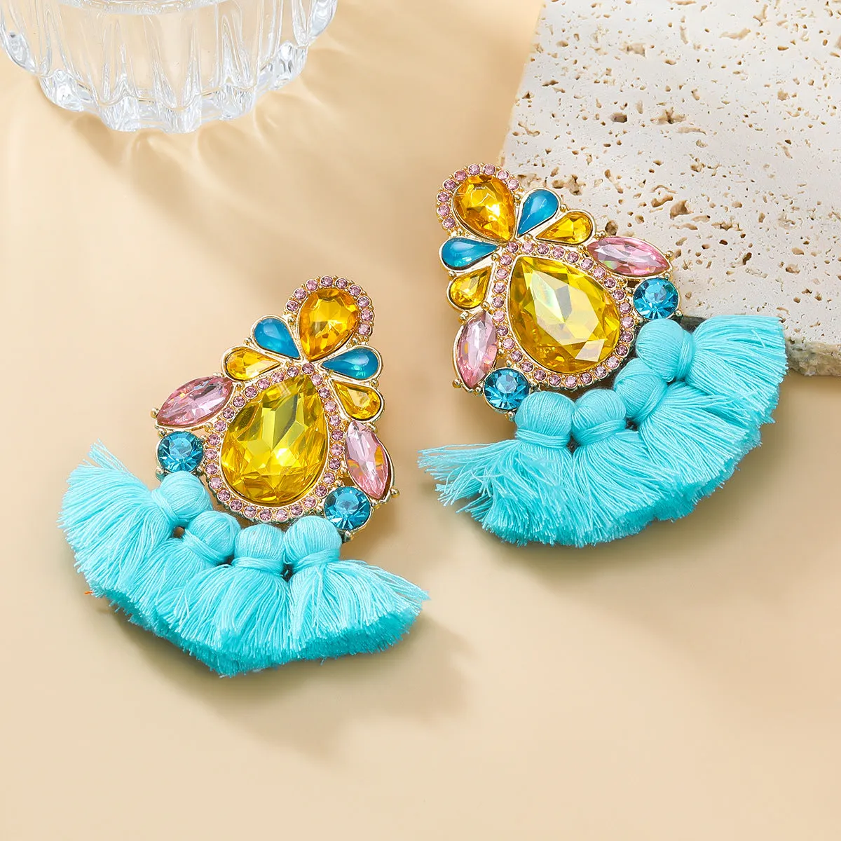 Wholesale Colored Diamond Tassel Ethnic Style Earrings
