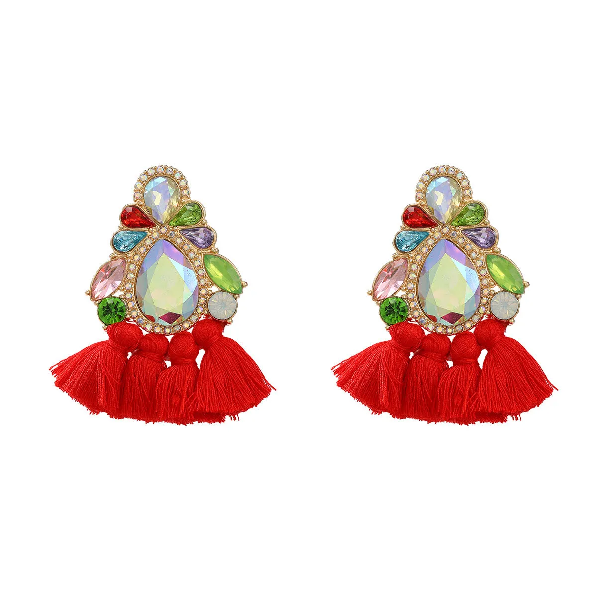 Wholesale Colored Diamond Tassel Ethnic Style Earrings