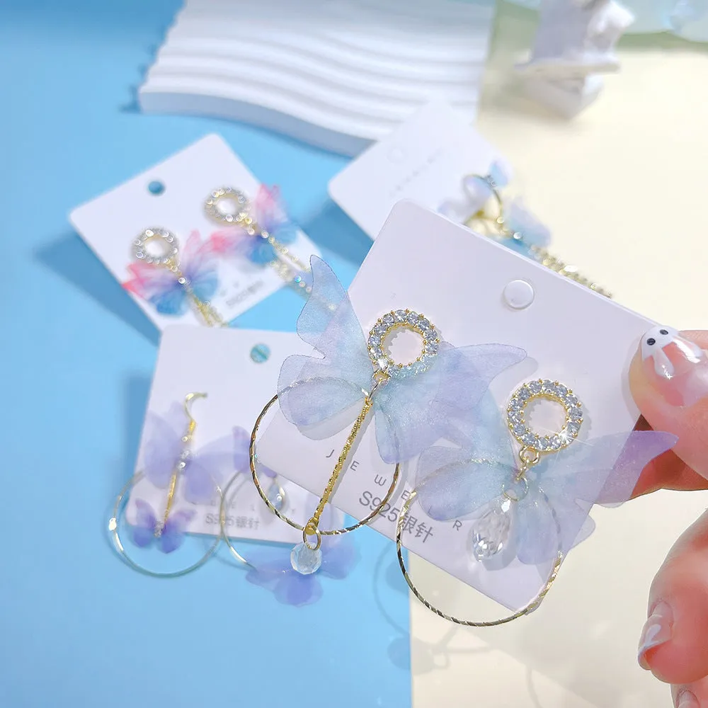 Wholesale Colored Organza Tassels Butterfly Micro-paved Rhinestone Long Earrings
