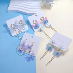 Wholesale Colored Organza Tassels Butterfly Micro-paved Rhinestone Long Earrings
