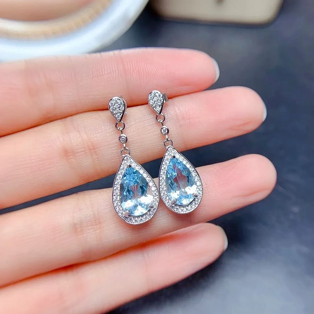 Wholesale Colored Treasure Drop Sea Blue Zircon Long Earrings